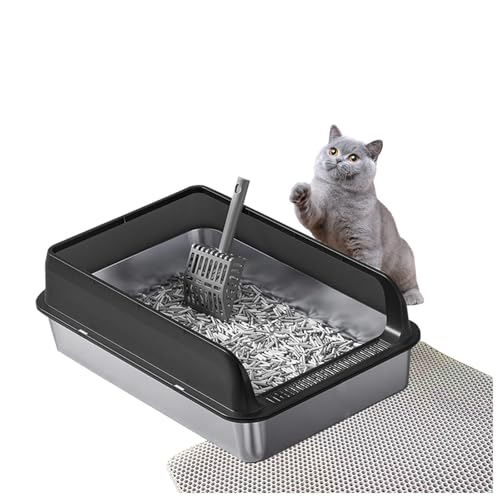 Edelstahl Katzentoilette Klebt Nicht, zieht Keine Gerüche Katzenklo Edelstahl Stainless Steel Cat Litter Box leicht zu reinigen, MIT Katzenmatte und Schaufel,Black-35×50×10cm von SJWJWOO