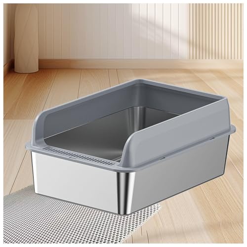 Edelstahl Katzentoilette Klebt Nicht, zieht Keine Gerüche Katzenklo Mit Hohem Rand Katzenklo Edelstahl Anti-Urin-Leckage inklusive Katzenmatte und Schaufel,Gray-40×60×10cm von SJWJWOO