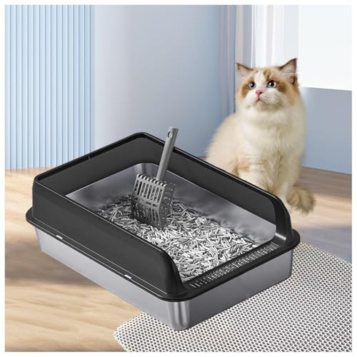 Edelstahl Katzentoilette Klebt Nicht, zieht Keine Gerüche Katzenklo XXL Große Katzen Edelstahl Katzentoilette Anti-Urin-Leckage inklusive Katzenmatte und Schaufel,Black-40×60×15cm von SJWJWOO