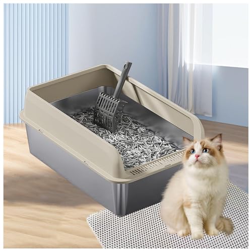 Edelstahl Katzentoilette Klebt Nicht, zieht Keine Gerüche Litter Box Cat Litter Box Anti-Urin-Leckage inklusive Katzenmatte und Schaufel,Yellow-40×60×15cm von SJWJWOO