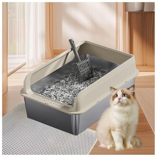 Edelstahl Katzentoilette Niemals Gerüche, Antihaft Litter Box Katzentoilette Anti-Urin-Leckage inklusive Katzenmatte und Schaufel,Yellow-40×60×10cm von SJWJWOO