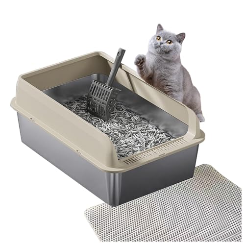 Katzenklo Edelstahl Niemals Gerüche, Antihaft Cat Litter Box Metall Katzenklo Anti-Urin-Leckage inklusive Katzenmatte und Schaufel,Yellow-35×50×15cm von SJWJWOO