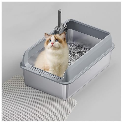 Katzenklo Edelstahl XXL Klebt Nicht, zieht Keine Gerüche Katzenklo Edelstahl Katzentoilette Edelstahl leicht zu reinigen, MIT Katzenmatte und Schaufel,Gray-35×50×10cm von SJWJWOO