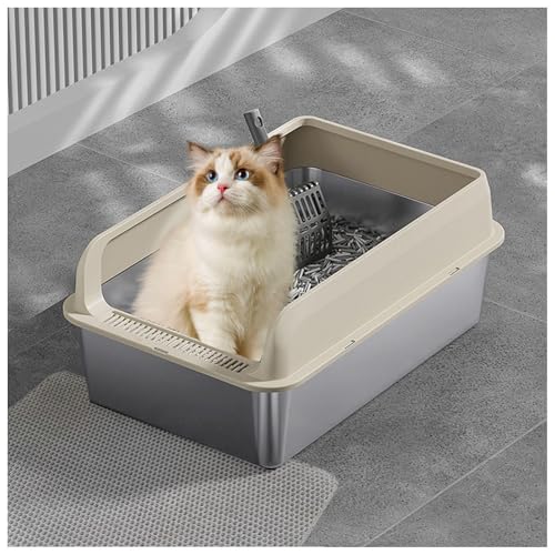 Katzenklo Edelstahl XXL Klebt Nicht, zieht Keine Gerüche Katzenklo Mit Sieb Katzentoilette Anti-Urin-Leckage inklusive Katzenmatte und Schaufel,Yellow-40×60×15cm von SJWJWOO