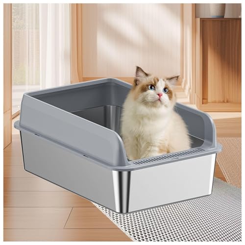 Katzenklo Edelstahl XXL Niemals Gerüche, Antihaft Katzenklo Groß Katzentoilette XXL Anti-Urin-Leckage inklusive Katzenmatte und Schaufel,Gray-35×50×10cm von SJWJWOO