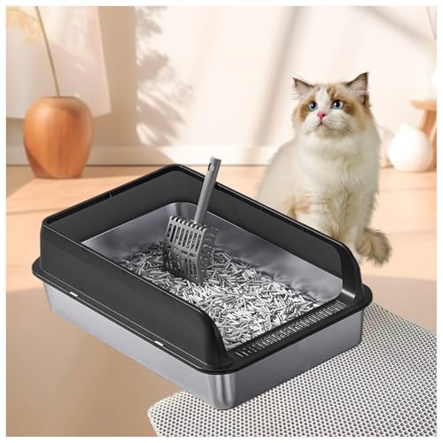 Katzenklo Edelstahl XXL Niemals Gerüche, Antihaft Litter Box Katzenklo XXL Große Katzen Anti-Urin-Leckage inklusive Katzenmatte und Schaufel,Black-35×50×15cm von SJWJWOO