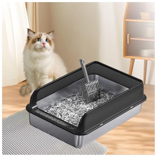 Katzenklo Metall Klebt Nicht, zieht Keine Gerüche Katzenklo Edelstahl XXL Stainless Steel Cat Litter Box leicht zu reinigen, MIT Katzenmatte und Schaufel,Black-35×50×10cm von SJWJWOO