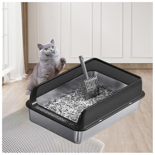 Katzenklo Metall Klebt Nicht, zieht Keine Gerüche Katzenklo Hoher Rand Katzenklo Mit Hohem Rand leicht zu reinigen, MIT Katzenmatte und Schaufel,Black-35×50×10cm von SJWJWOO