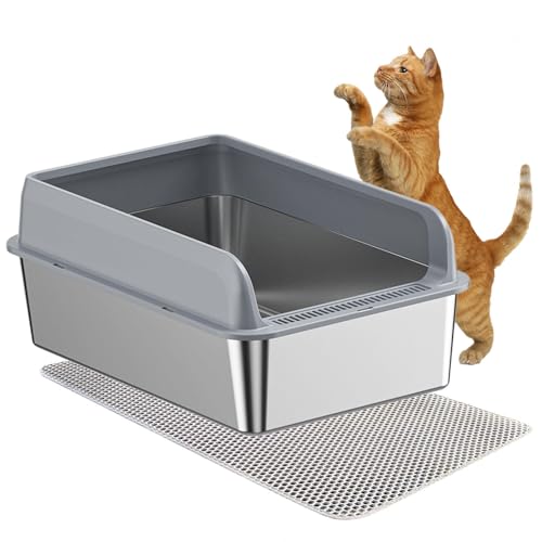 Katzenklo Metall Klebt Nicht, zieht Keine Gerüche Katzentoilette XXL Katzenklo XXL Große Katzen Anti-Urin-Leckage inklusive Katzenmatte und Schaufel,Gray-35×50×10cm von SJWJWOO