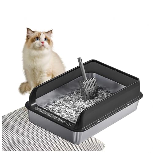 Katzentoilette Edelstahl Klebt Nicht, zieht Keine Gerüche Cat Litter Box Metall Katzenklo Anti-Urin-Leckage inklusive Katzenmatte und Schaufel,Black-40×60×15cm von SJWJWOO