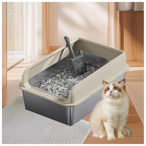 Katzentoilette Edelstahl Klebt Nicht, zieht Keine Gerüche Katzenklo Hoher Rand Katzenklo Metall leicht zu reinigen, MIT Katzenmatte und Schaufel,Yellow-35×50×10cm von SJWJWOO