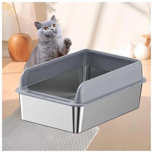 Katzentoilette aus Edelstahl mit auslaufsicherem Gehäuse, Metall-Katzentoilette inklusive Katzenmatte und Streuschaufel, Grau, 40 x 60 x 10 cm von SJWJWOO