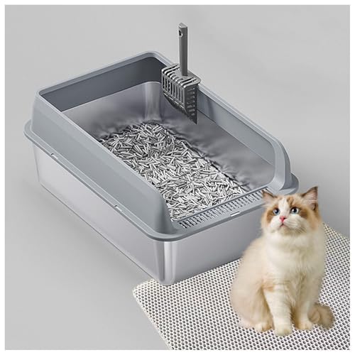 Katzentoilette aus Stahl mit auslaufsicherem Gehäuse, Metalltoilette mit Deckel inklusive Katzenmatte und Streuschaufel, Grau, 40 x 60 x 15 cm von SJWJWOO