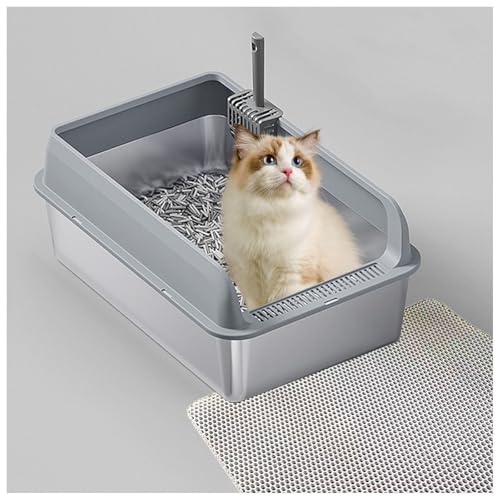 Metall Katzenklo Niemals Gerüche, Antihaft Metall Katzenklo Stainless Steel Cat Litter Box Anti-Urin-Leckage inklusive Katzenmatte und Schaufel,Gray-40×60×15cm von SJWJWOO