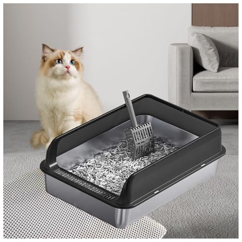 Metall Katzenklo Niemals Gerüche, Antihaft Stainless Steel Cat Litter Box Katzenklo Groß leicht zu reinigen, MIT Katzenmatte und Schaufel,Black-35×50×10cm von SJWJWOO