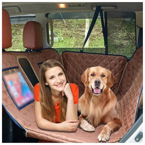 SJWJWOO Auto Hundedecke Rücksitz, mit Harter Unterseite, Seitenschutz und Sichtfenster Rückbank Schutz Hund für Auto, SUV, LKW,Brown von SJWJWOO