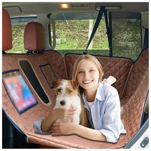 SJWJWOO Hundedecke Auto Rücksitz, mit Harter Unterseite, Seitenschutz und Sichtfenster Hunde Autositz Rückbank für Alle PKWs Auto SUV,Brown von SJWJWOO