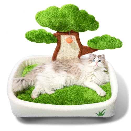 SJWJWOO Katzen Bett mit Kratzbrett und Spielball, Katzenkratzbaum zum Schlafen,Spielen,Kratzen, Katzenkratzbaum Klein,B2(60×63×43CM) von SJWJWOO