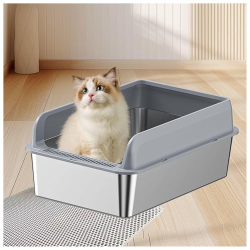 Stainless Steel Litter Box Klebt Nicht, zieht Keine Gerüche Katzenklo Edelstahl Katzenklo Edelstahl XXL leicht zu reinigen, MIT Katzenmatte und Schaufel,Gray-35×50×15cm von SJWJWOO