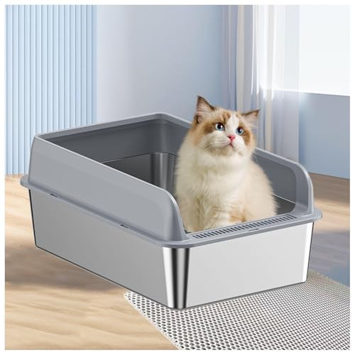 Stainless Steel Litter Box Niemals Gerüche, Antihaft Cat Litter Box Stainless Steel Cat Litter Box leicht zu reinigen, MIT Katzenmatte und Schaufel,Gray-35×50×15cm von SJWJWOO