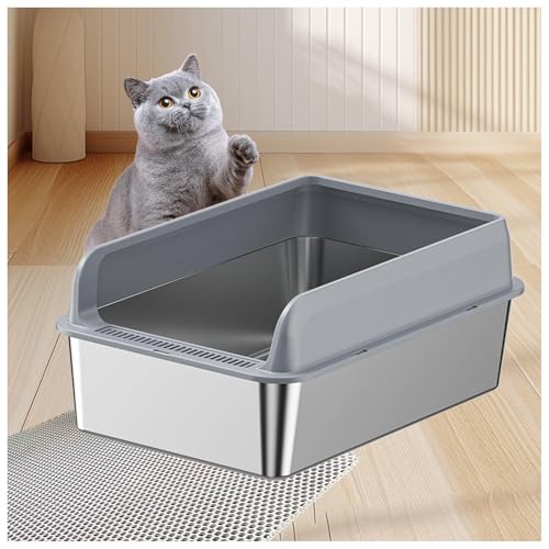 Stainless Steel Litter Box Niemals Gerüche, Antihaft Katzenklo Mit Hohem Rand Katzenklo Groß Anti-Urin-Leckage inklusive Katzenmatte und Schaufel,Gray-35×50×10cm von SJWJWOO