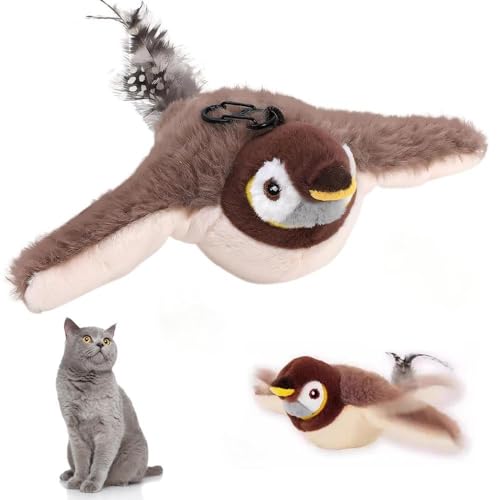 SKIKHN Katzenspielzeug Vogel, Interaktiver katzenspielzeug, Elektrisches Vogelspielzeug für Katzen, Wiederaufladbar, Flapping Bird Cat Toy Mit Sound, für Kleine Große Katzen (Braun) von SKIKHN