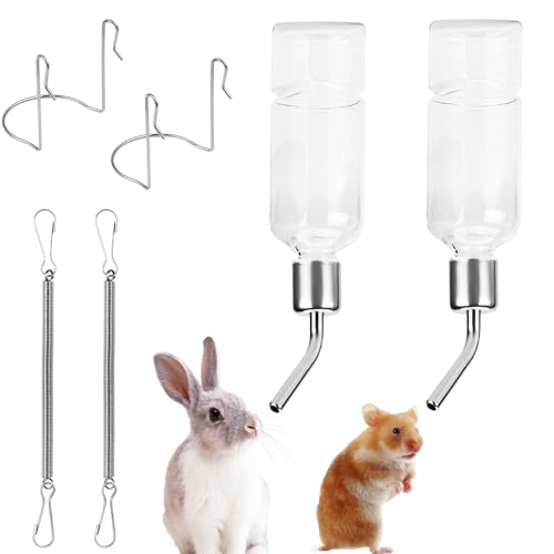 SKIKHN Trinkflasche Kaninchen mit Halterung, 2 Stück Hängende Haustiere Wasserflaschen,350ml Kleintiertränke,Hamster Trinkflasche,Trinkflasche für Nagetiere Kaninchen Hamster Chinchillas (Transparent) von SKIKHN