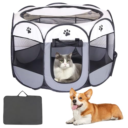 SKIKHN Welpenlaufstall, Faltbarer Laufstall für Haustiere, Oxford Wasserdichter Pet Laufstall, Tragbarer Welpenlaufstall, Welpenauslauf Faltbar für Hunde, Hasen, Katzen, Kleintiere, 74x 74x 43CM, Grau von SKIKHN