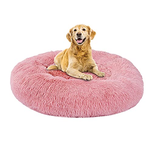 Rundes Plüsch-Katzen-Hundebett, beruhigendes Hundebett, Katzenbett, Donut, kuschelig, waschbar, selbstwärmendes Haustierbett für S/M/L (60, Rosa) von SKRORS