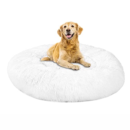 SKRORS Rundes Plüsch-Katzen-Hundebett, beruhigendes Hundebett, Katzenbett, Donut-Kuschelbett, waschbar, selbstwärmendes Haustierbett für warmes Schlafen, XXL (Weiß, 90 cm) von SKRORS