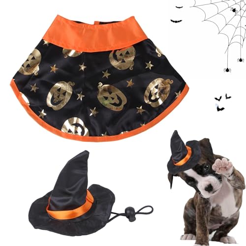 SKUDA Katzen-Kürbis-Kostü | Zauberer Kleidung Cosplay Umhang Katze Hexenhut | Atmungsaktives, bequemes Halloween-Kürbis-Umhang-Set, Haustierkostü für kleine, mittelgroße Katzen und Hunde von SKUDA