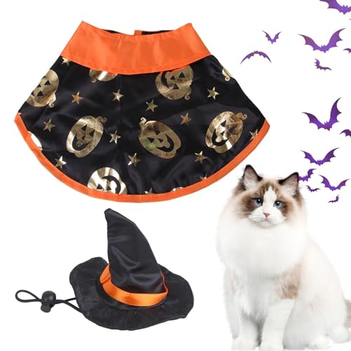 SKUDA Kürbiskatzenkostü | Zauberer Kleidung Katze Cape Cosplay Umhang - Atmungsaktives, bequemes Halloween-Kürbis-Umhang-Set, Haustierkostü für kleine, mittelgroße Katzen und Hunde von SKUDA