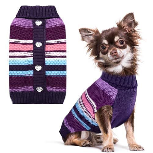 SKXEO Gestreifter Hunde-Pullover, Kaltes Wetter Kabelstrick, klassischer Rollkragenpullover Dicke warme Pullover Kleidung für kleine bis mittelgroße Hunde Kleidung(Violett gestreift,L) von SKXEO