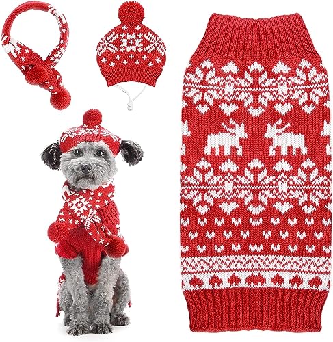 SKXEO Hund Weihnachten Pullover 3 PCS Set Haustier Mütze Schal Pullover Schneeflocke Weihnachten Kostüm Stricken Outfits Welpe Katze Urlaub Kleidung von SKXEO