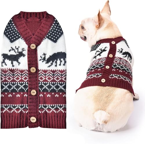 SKXEO Hund Weihnachten Pullover V-Ausschnitt gestrickt Welpe Pullover Weste Rentier Haustier Kleidung Outfit für kleine mittlere große Hunde Katze Pullover(Rentier Pullover,L) von SKXEO