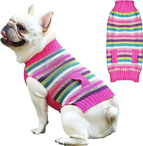 SKXEO Rosa gestreifter Haustier-Pullover für Hunde, falsche Taschen, Welpen, Katze, Herbst/Winterkleidung, warmer Pullover, Mantel, Strickwaren, Pullover Kleidung für kleine, mittelgroße und große von SKXEO