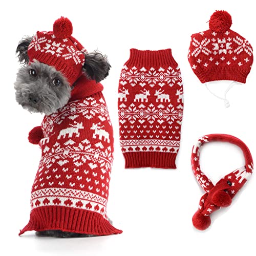 SKXEO Weihnachten Hundebekleidung Set Stricken Katzenkostüm Rentier Schneeflocke Hundemützen Hundeweste Hundeschal Weihnachten Hundepullover Winter Hundeshirts Rot und Weiß Haustier Zubehör' von SKXEO