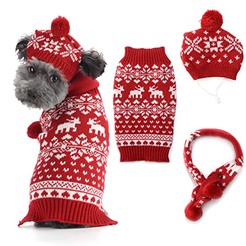 SKXEO Weihnachtliches Haustierkostüm, Hut, Schal, Pullover, Set für Welpen, Katzen, Weihnachten, Rentier, Strick, Schneeflocke, Winter, warme Kleidung für kleine Hunde und Katzen von SKXEO