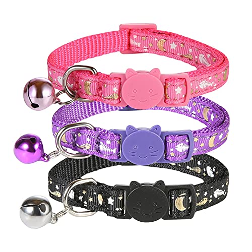 SLSON Katzenhalsband, mit Glöckchen, Mond, Stern und Fischgrätenmuster, leuchtet im Dunkeln, verstellbar von 18–28 cm, Violett, Pink, Schwarz, 3 Stück von SLSON