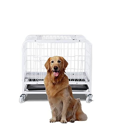 SLTO Metall Reißfest Hundebox Schwerlast Quadratische Röhre Hundekäfigkiste Falten Innen Draussen Für Mittel Groß Hunde Mit Abschließbare Räder Zwei Escape Lock-Weiß 54x37x49cm von SLTO