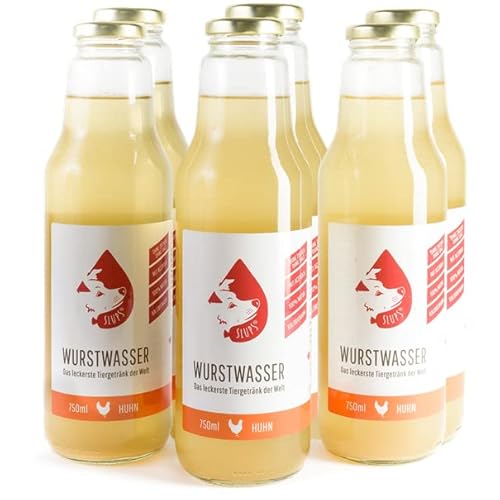 Slups Wurstwasser® Hundegetränk Huhn 6 x 750 ml - aus reinem Trinkwasser sowie frischem Hühnerfleisch - Made in Germany - mit Vitaminen + Mineralien aus natürlichen Inhaltsstoffen, ohne Zusätze von SLUPS WURSTWASSER