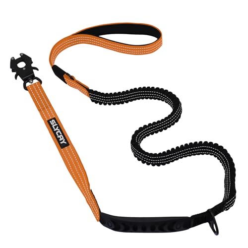 Taktische Hundeleine für mittelgroße und große Hunde, robust, mit Aluminium-Frosch-Clip, reflektierender Bungee-Hundeleine mit weich gepolstertem Griff, Orange, 1,2 - 1,8 m lange und starke Hundeleine von SLYCAY