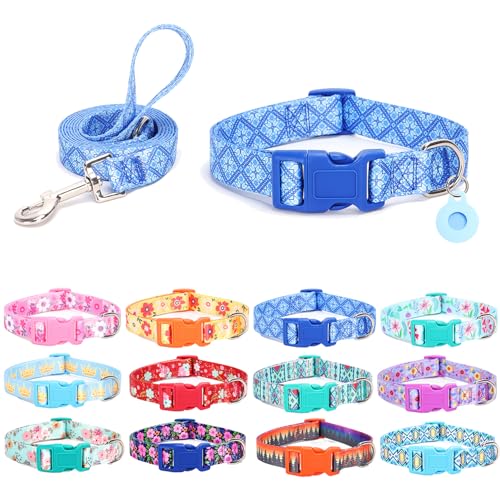 SLZZ Hundehalsband mit Leine Airtag Halter Etui Garnitur - Hundehalsbänder für männlich weiblich Junge Mädchen Welpe X-klein klein mittel groß Hunde Gehen Laufen Training - Blaue Geometrie-L von SLZZ