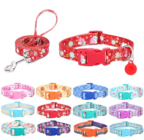 SLZZ Hundehalsband mit Leine Airtag Halter Etui Garnitur - Hundehalsbänder für männlich weiblich Junge Mädchen Welpe X-klein klein mittel groß Hunde Gehen Laufen Training - Rotes Gänseblümchen - L von SLZZ