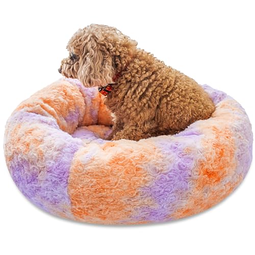 SM4BED Beruhigendes Hundebett für kleine, mittelgroße Hunde und Katzen, 58 cm, rund, Anti-Angst, warm, flauschig, Plüsch-Kunstfell-Bett, weich, rutschfest, Donut-waschbar, passend für Haustiere bis zu von SM4BED