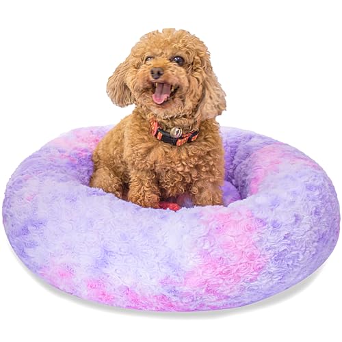 SM4BED Beruhigendes Hundebett für kleine, mittelgroße Hunde und Katzen, 58 cm, rund, Anti-Angst, warm, flauschig, Plüsch-Kunstfell-Bett, weich, rutschfest, Donut-waschbar, passend für Haustiere bis zu von SM4BED