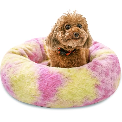 SM4BED Beruhigendes Hundebett für kleine, mittelgroße Hunde und Katzen, 58 cm, rund, Anti-Angst, warm, flauschig, Plüsch-Kunstfell-Bett, weich, rutschfest, Donut-waschbar, passend für Haustiere bis zu von SM4BED