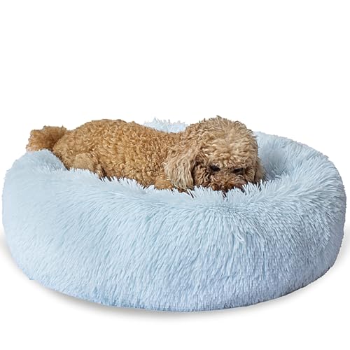 SM4BED Beruhigendes Hundebett für kleine, mittelgroße Hunde und Katzen, 58 cm, rund, Anti-Angst, warm, flauschig, Plüsch-Kunstfell-Bett, weich, rutschfest, Donut-waschbar, passend für Haustiere bis zu von SM4BED