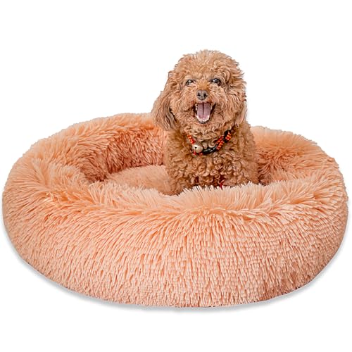 SM4BED Beruhigendes Hundebett für kleine, mittelgroße Hunde und Katzen, 58 cm, rund, Anti-Angst, warm, flauschig, Plüsch-Kunstfell-Bett, weich, rutschfest, Donut-waschbar, passend für Haustiere bis zu von SM4BED