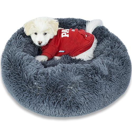 SM4BED Beruhigendes Hundebett für kleine, mittelgroße Hunde und Katzen, 58 cm, rund, Anti-Angst, warm, flauschig, Plüsch-Kunstfell-Bett, weich, rutschfest, Donut-waschbar, passend für Haustiere bis zu von SM4BED